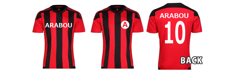 ストライプユニフォーム 赤 黒 サッカー オリジナルプリント オリジナルtシャツのアラボー